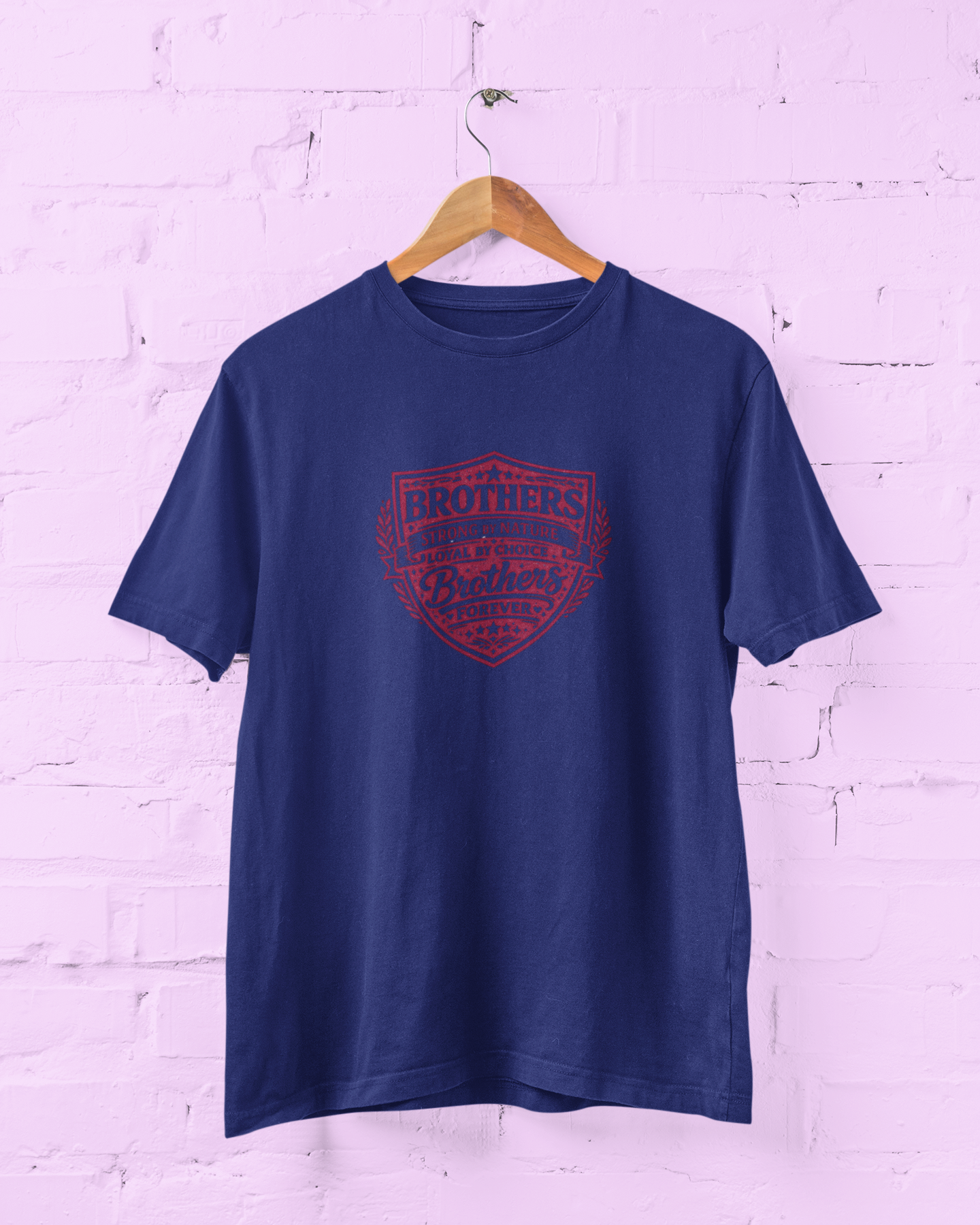 Brother Shield Typography Royal Blue T-Shirt featuring a Brothers Forever Strong by Nature quote in deep rose pink with a vintage shield graphic design Size S-7XL - sigmatrends
