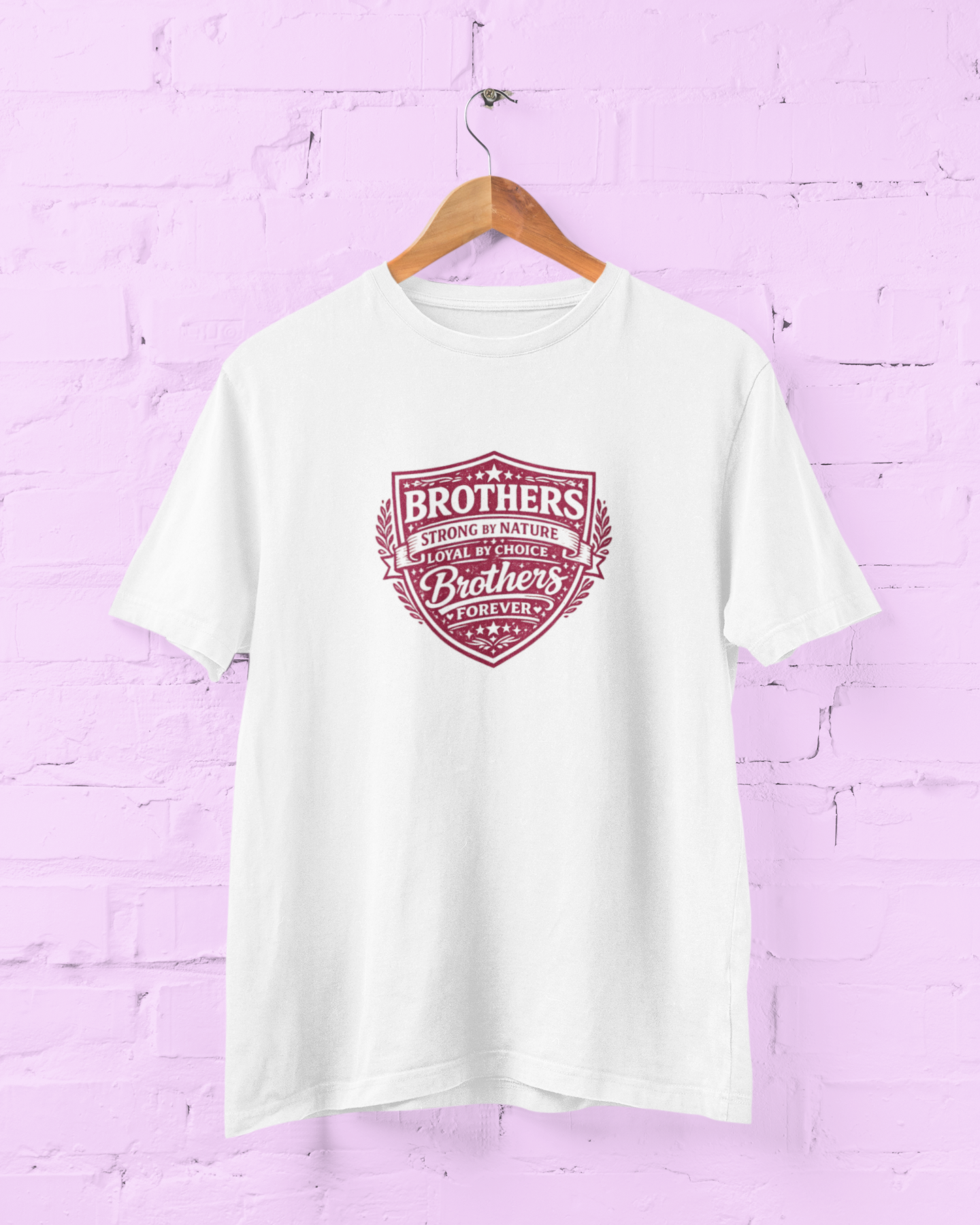 Brother Shield Typography White T-Shirt featuring a Brothers Forever Strong by Nature quote in deep rose pink with a vintage shield graphic design Size S-7XL - sigmatrends