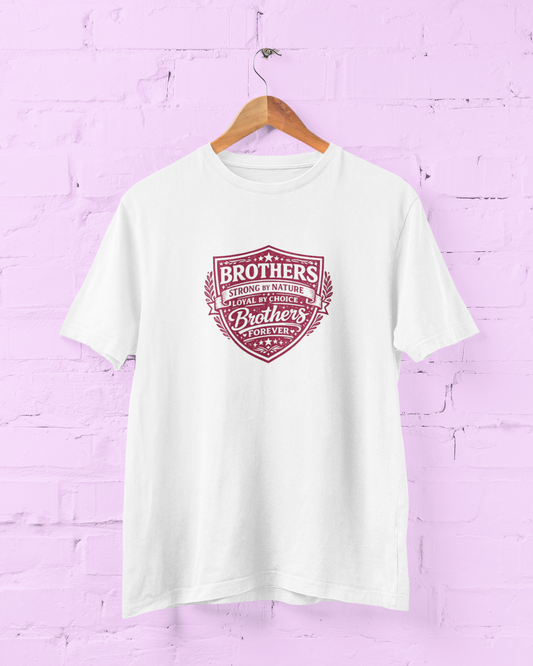 Brother Shield Typography White T-Shirt featuring a Brothers Forever Strong by Nature quote in deep rose pink with a vintage shield graphic design Size S-7XL - sigmatrends