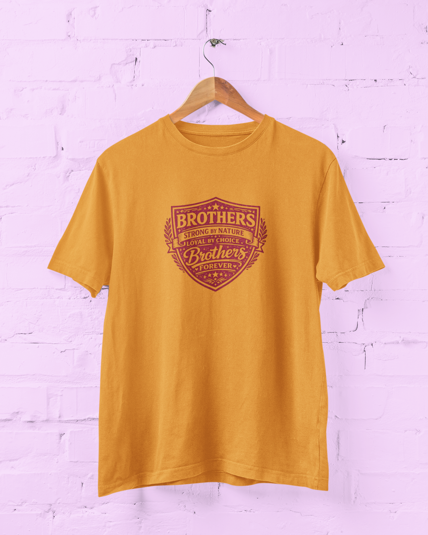 Brother Shield Typography Yellow T-Shirt featuring a Brothers Forever Strong by Nature quote in deep rose pink with a vintage shield graphic design Size S-7XL - sigmatrends