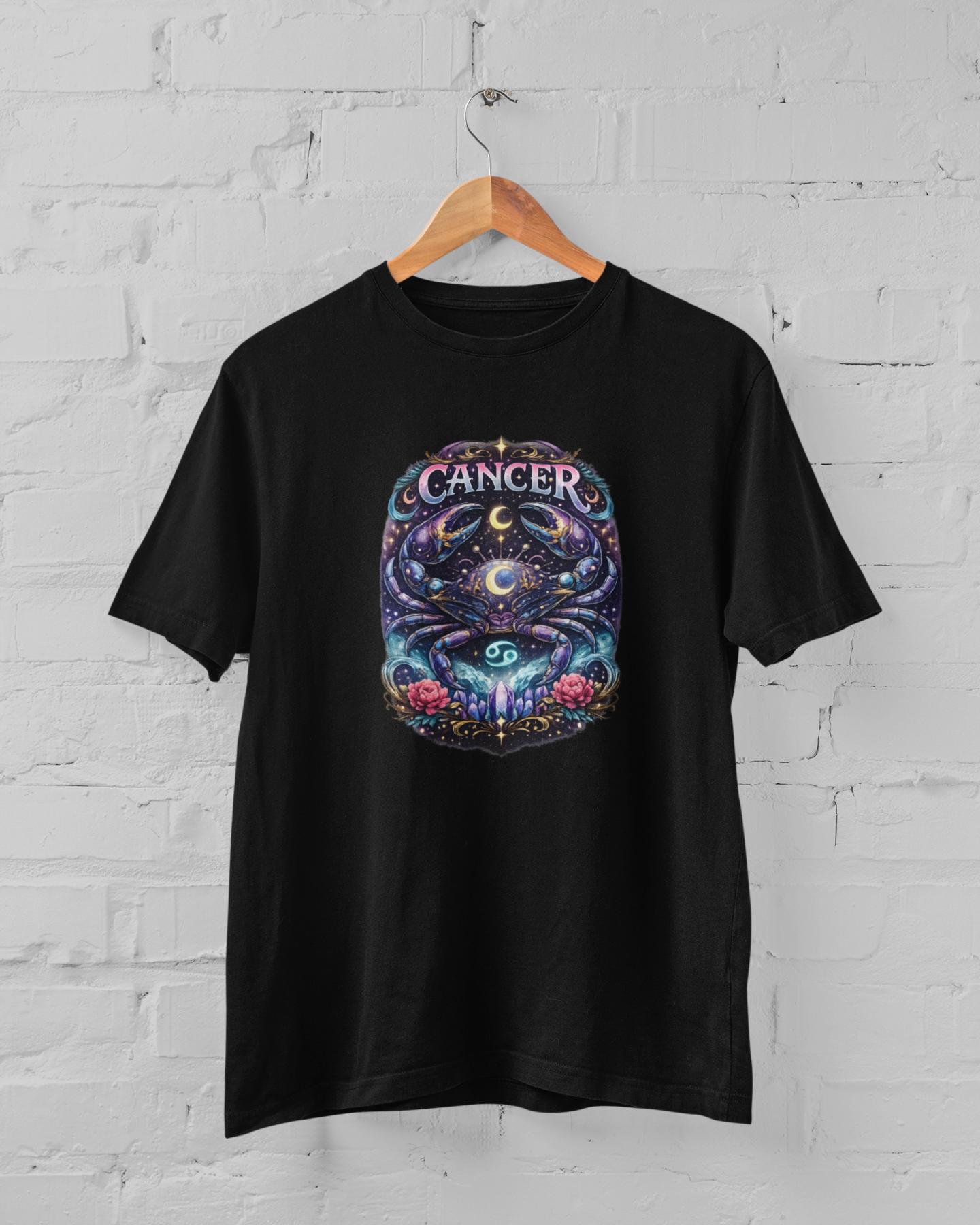 Cancer zodiac t-shirt with emotional intuitive crab design, cosmic astrology graphic unisex tee, plus size M-7XL Black Color - sigmatrends