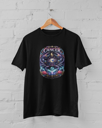 Cancer zodiac t-shirt with emotional intuitive crab design, cosmic astrology graphic unisex tee, plus size M-7XL Black Color - sigmatrends