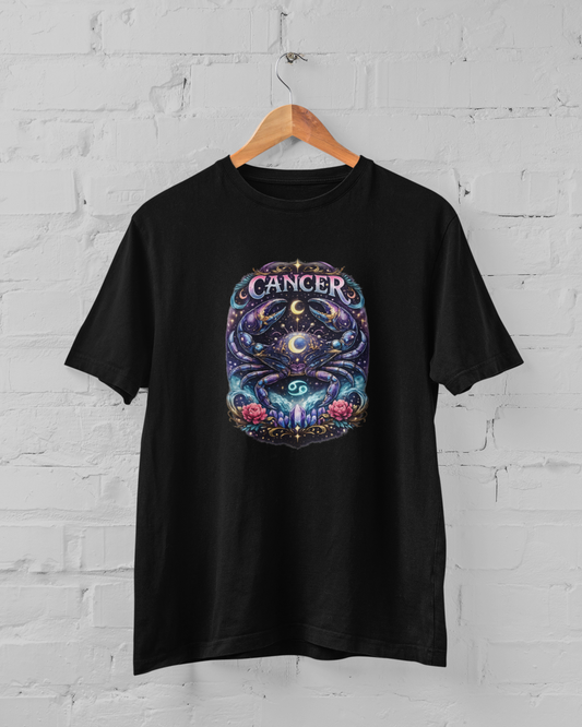 Cancer zodiac t-shirt with emotional intuitive crab design, cosmic astrology graphic unisex tee, plus size M-7XL Black Color - sigmatrends