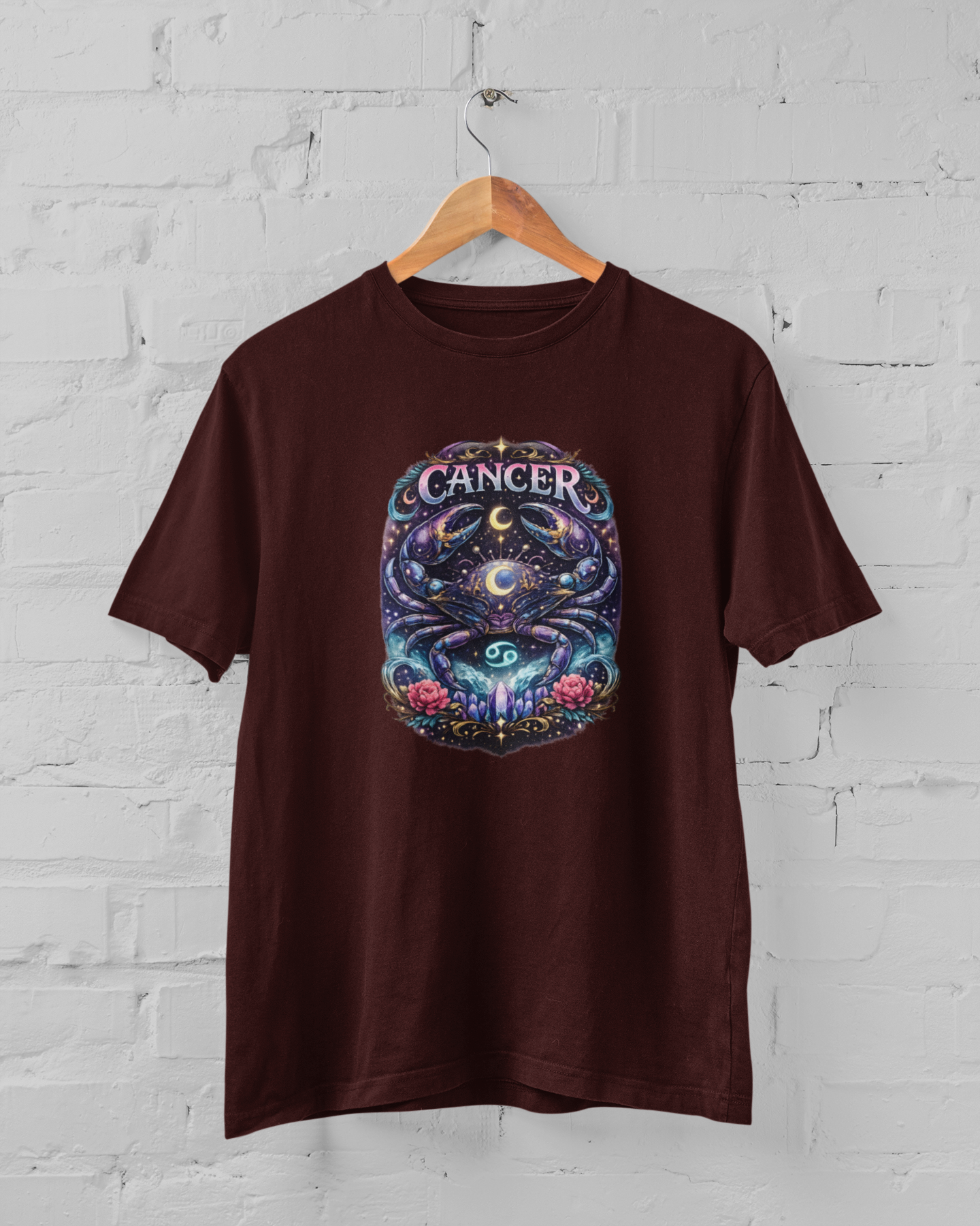 Cancer zodiac t-shirt with emotional intuitive crab design, cosmic astrology graphic unisex tee, plus size M-7XL Maroon Color - sigmatrends
