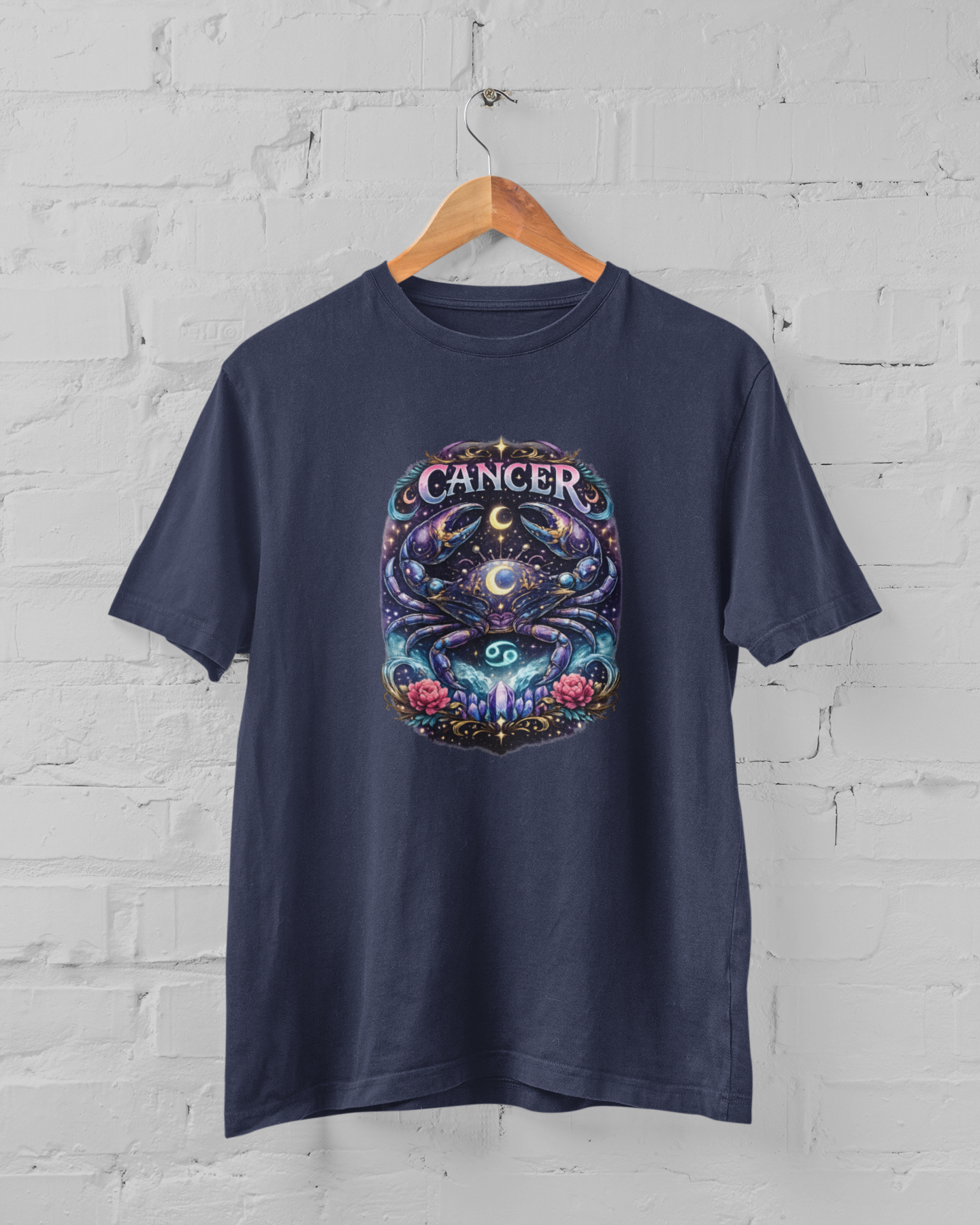 Cancer zodiac t-shirt with emotional intuitive crab design, cosmic astrology graphic unisex tee, plus size M-7XL Navy Blue Color - sigmatrends