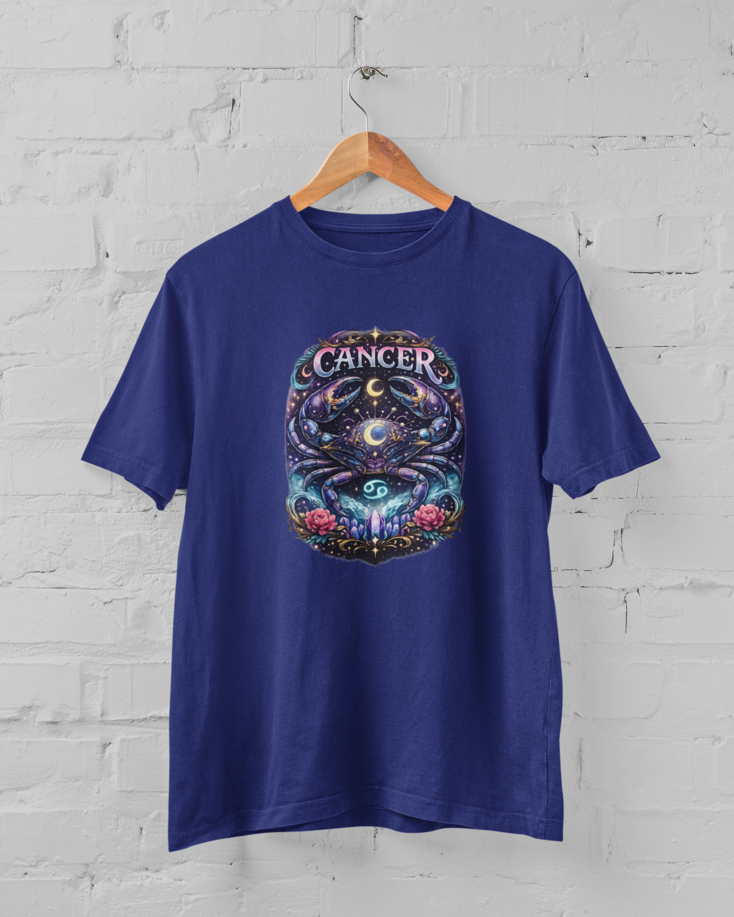 Cancer zodiac t-shirt with emotional intuitive crab design, cosmic astrology graphic unisex tee, plus size M-7XL Royal Blue Color - sigmatrends