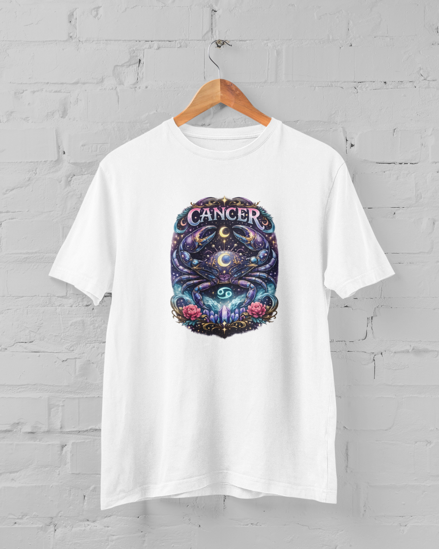 Cancer zodiac t-shirt with emotional intuitive crab design, cosmic astrology graphic unisex tee, plus size M-7XL White Color - sigmatrends