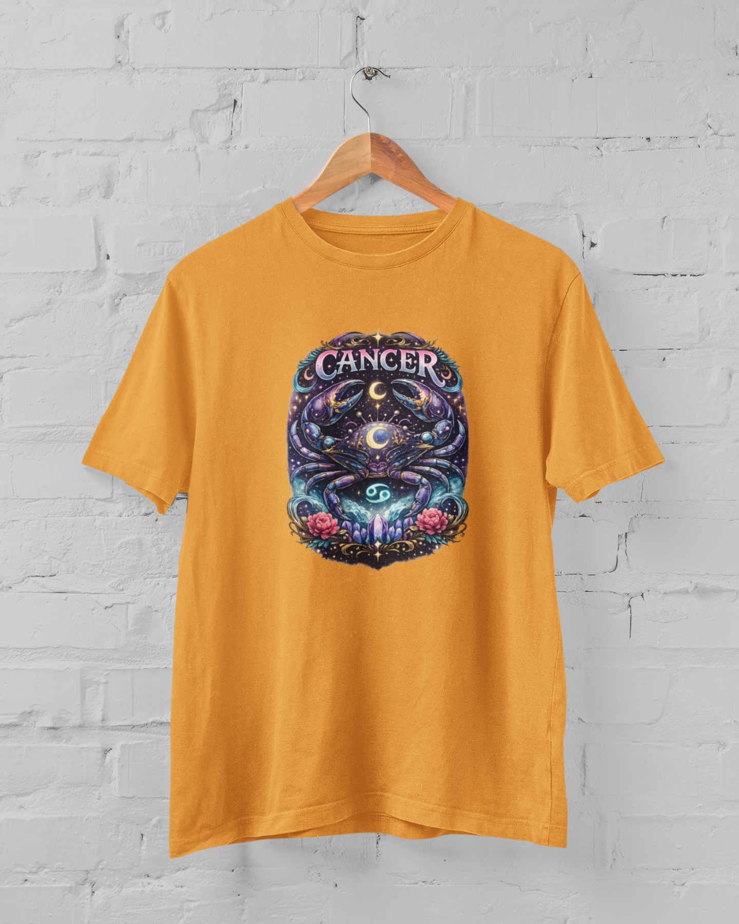 Cancer zodiac t-shirt with emotional intuitive crab design, cosmic astrology graphic unisex tee, plus size M-7XL Yellow Color - sigmatrends