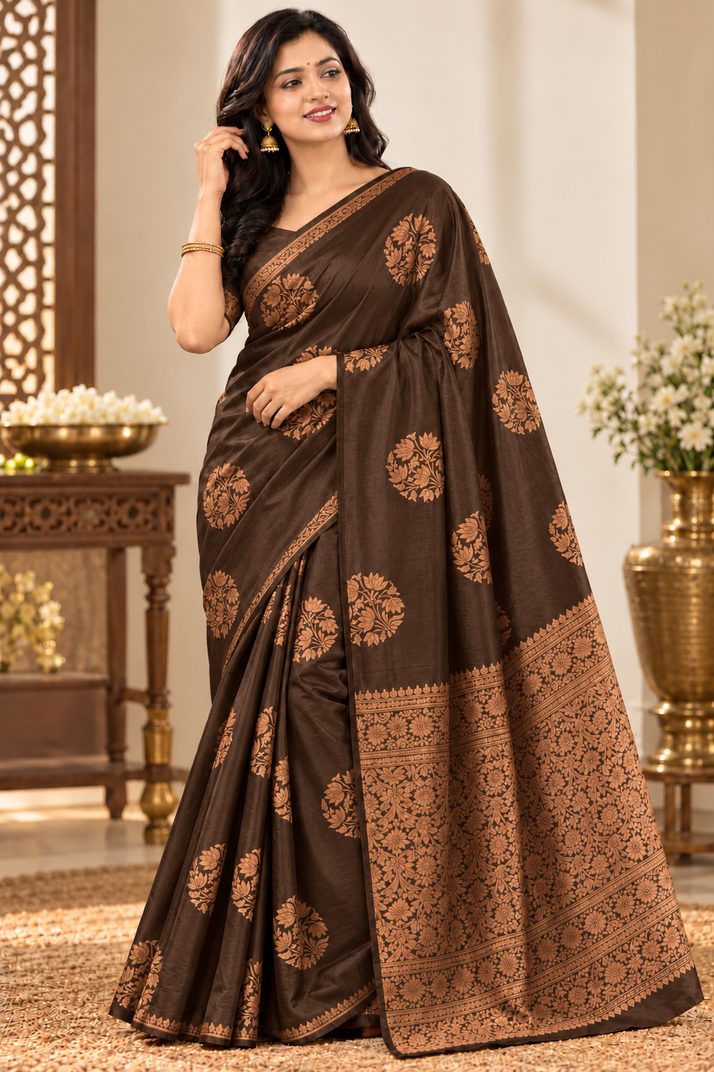 Sigma Trends Chocolate Brown Banarasi Silk Saree for Women with Copper-Gold Zari Woven Work