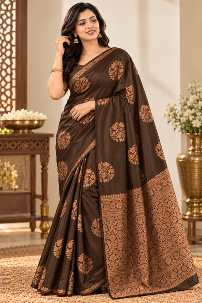 Sigma Trends Chocolate Brown Banarasi Silk Saree for Women with Copper-Gold Zari Woven Work