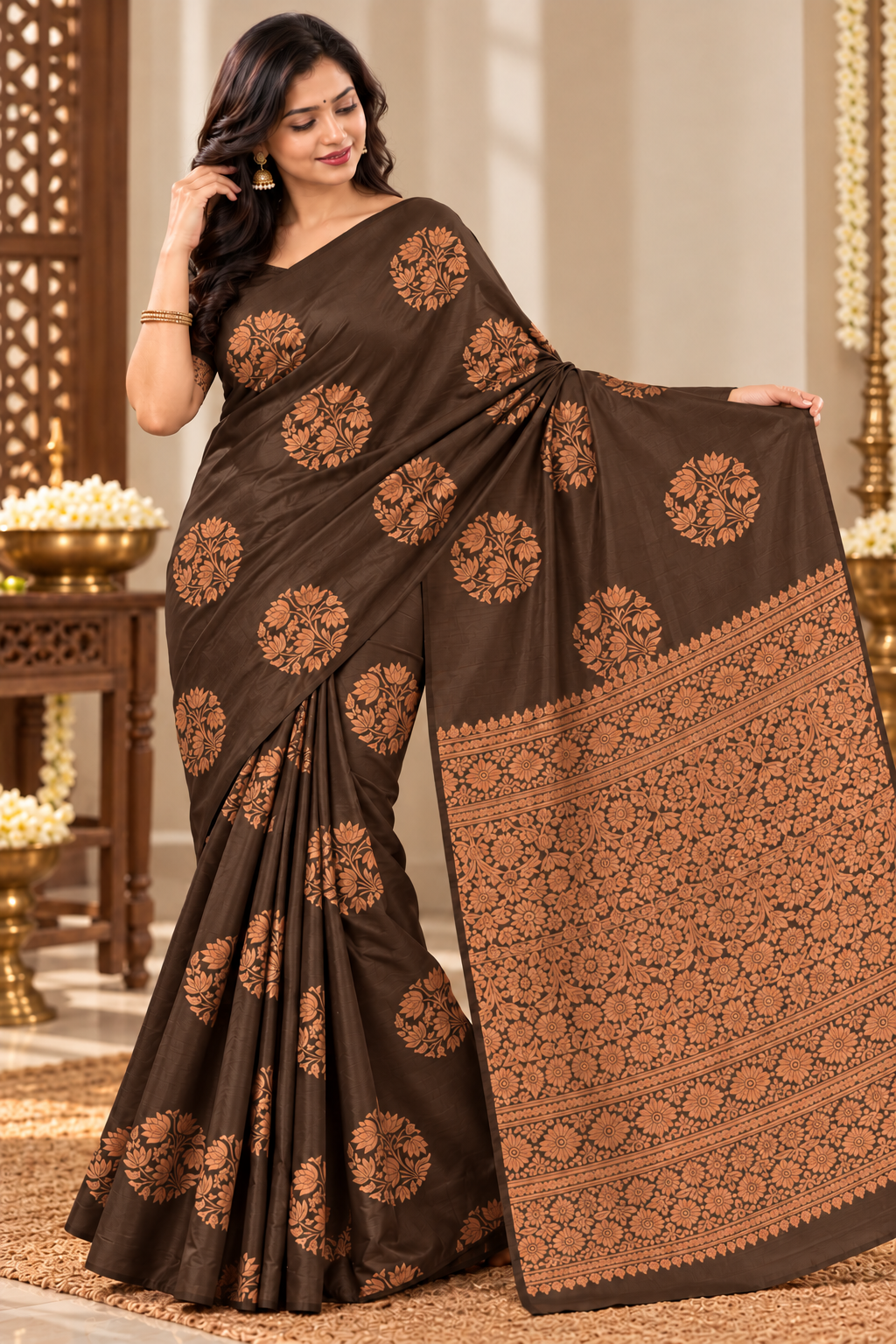 Sigma Trends Chocolate Brown Banarasi Silk Saree Featuring Intricate Copper-Gold Floral Zari Pallu