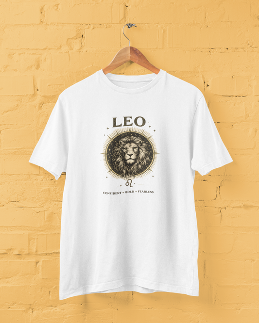 Leo zodiac lion graphic unisex white t-shirt with bold astrology design, streetwear style, plus size M–7XL - sigmatrends