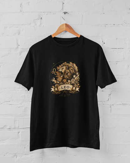 Leo Zodiac T-Shirt featuring a roaring lion graphic with celestial astrology design for men and women, available in sizes M-7XL Black -Sigmatrends