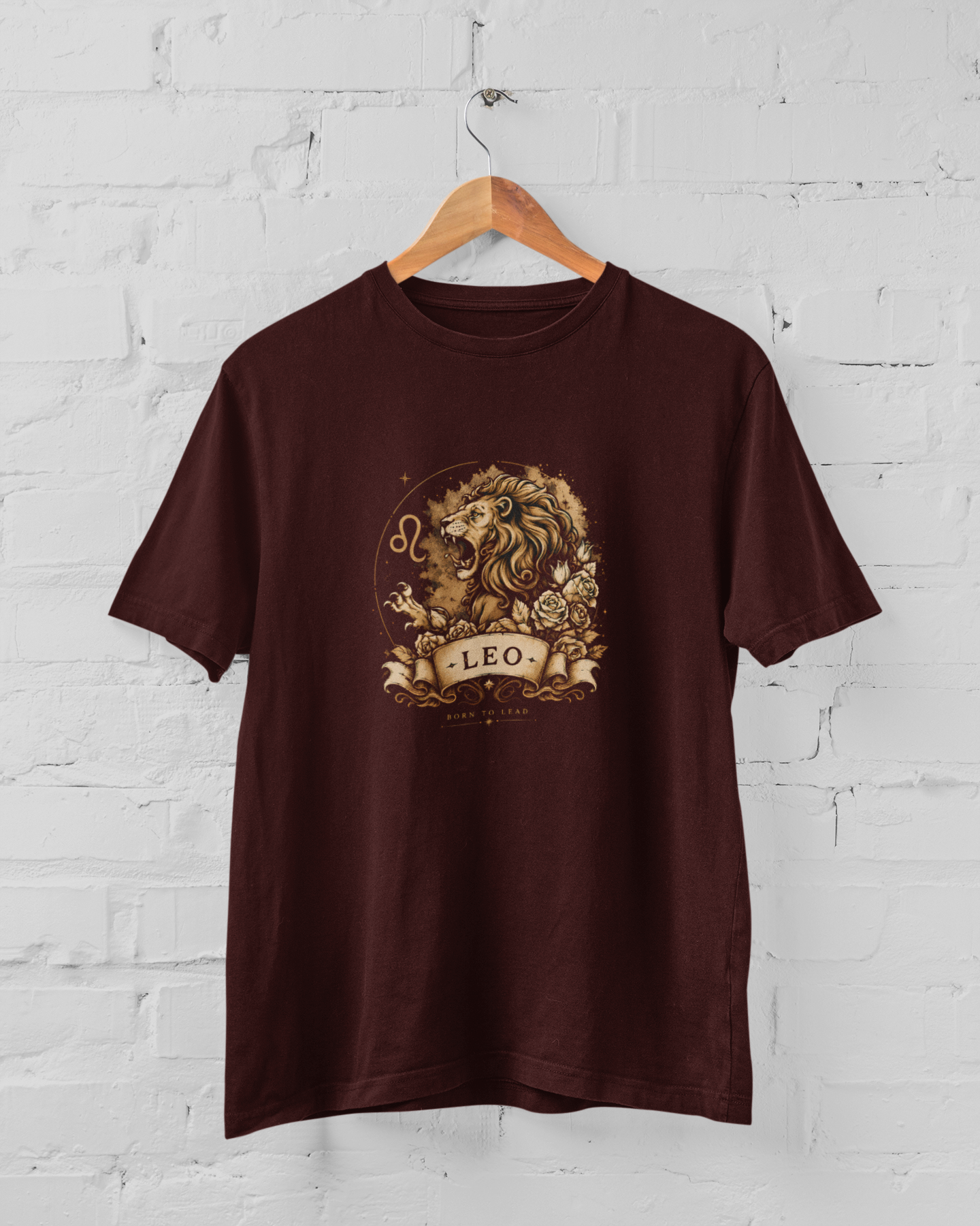 Leo Zodiac T-Shirt featuring a roaring lion graphic with celestial astrology design for men and women, available in sizes M-7XL Maroon -Sigmatrends