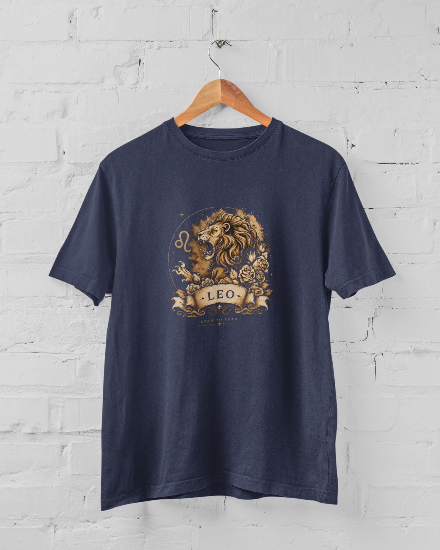 Leo Zodiac T-Shirt featuring a roaring lion graphic with celestial astrology design for men and women, available in sizes M-7XL Navy Blue -Sigmatrends