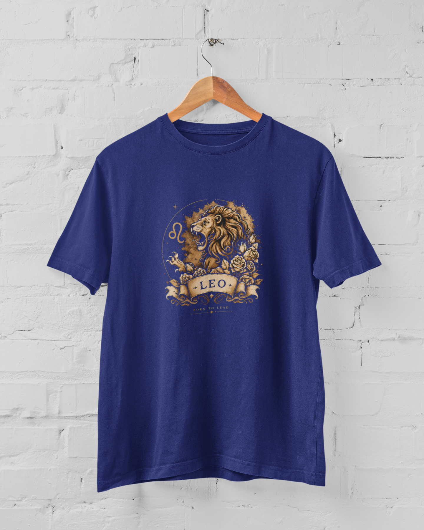 Leo Zodiac T-Shirt featuring a roaring lion graphic with celestial astrology design for men and women, available in sizes M-7XL Royal Blue -Sigmatrends