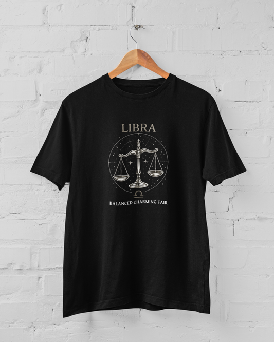 Libra zodiac sign unisex black t-shirt with vintage astrology scales graphic design in gold and off-white for men and women - sigmatrends