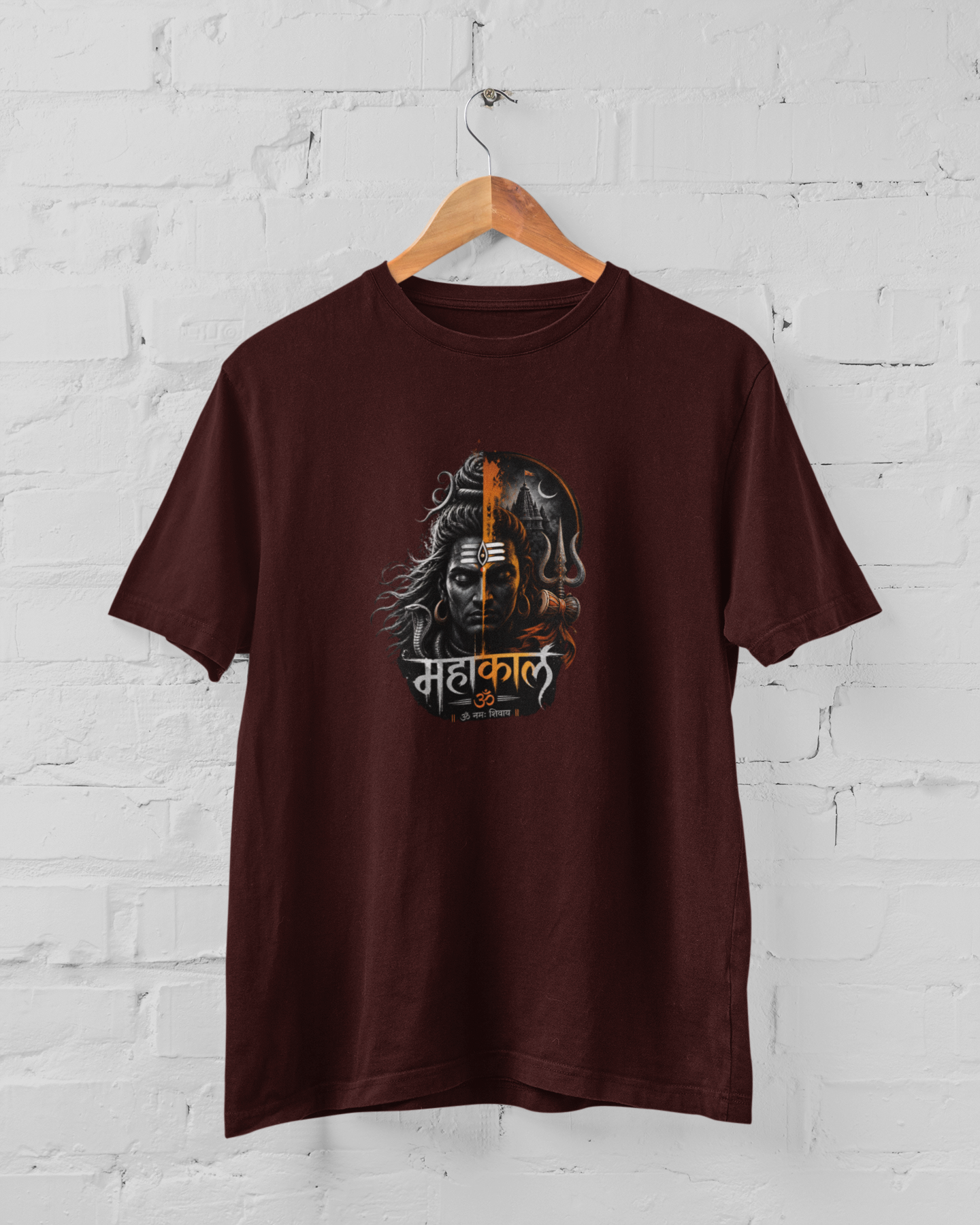 Mahakal Shiv unisex graphic maroon t-shirt with powerful Lord Shiva artwork and Trishul design - sigmatrends
