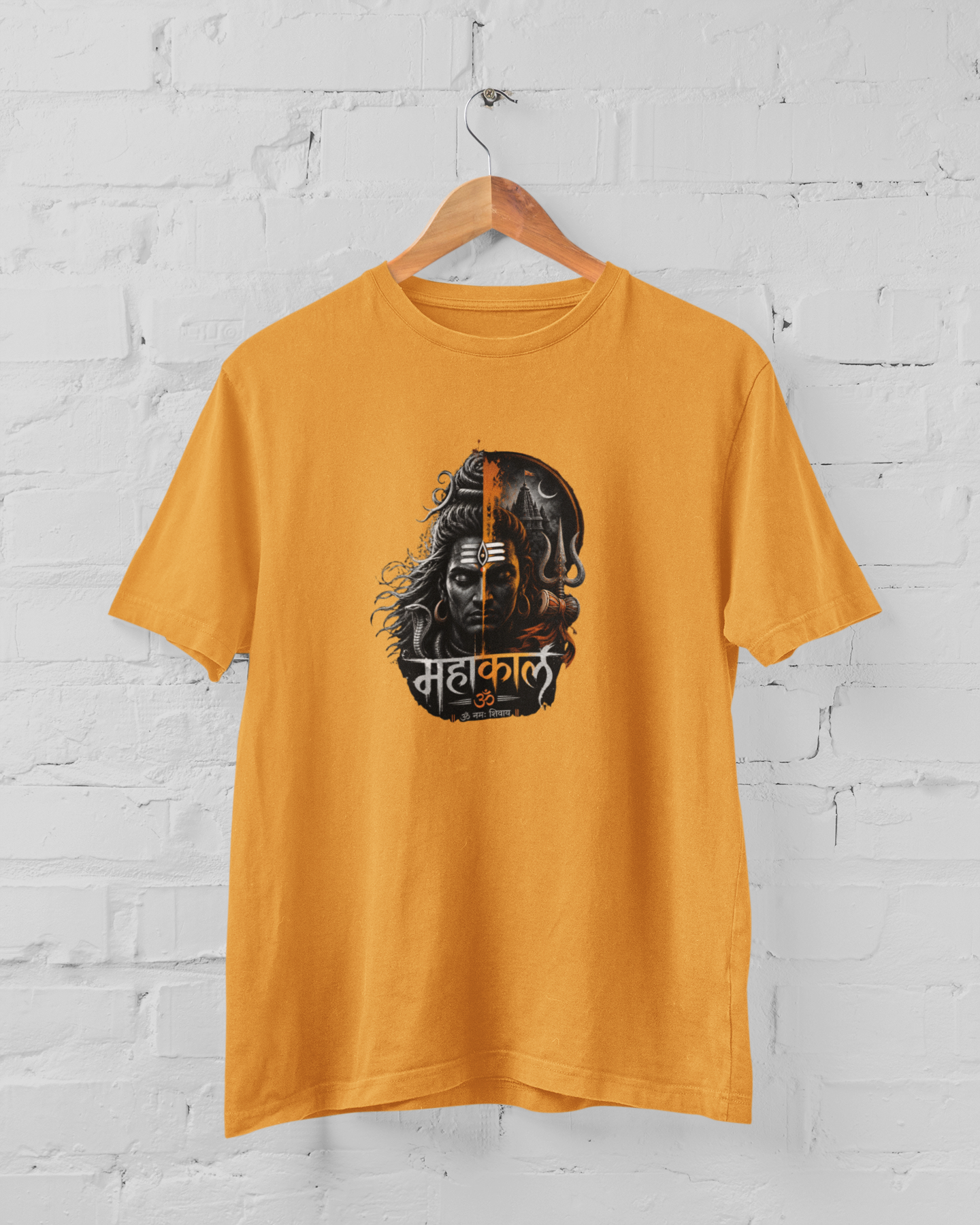 Mahakal Shiv unisex graphic yellow t-shirt with powerful Lord Shiva artwork and Trishul design - sigmatrends