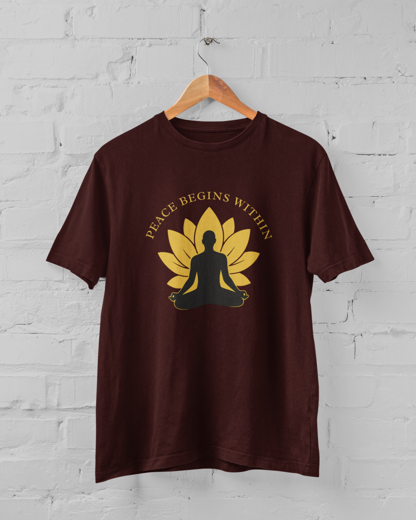 Peace Begins Within Unisex Yoga T-Shirt – Meditation Lotus Graphic Spiritual Maroon T-Shirt - Sigmatrends