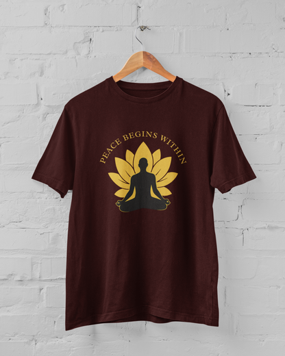 Peace Begins Within Unisex Yoga T-Shirt – Meditation Lotus Graphic Spiritual Maroon T-Shirt - Sigmatrends