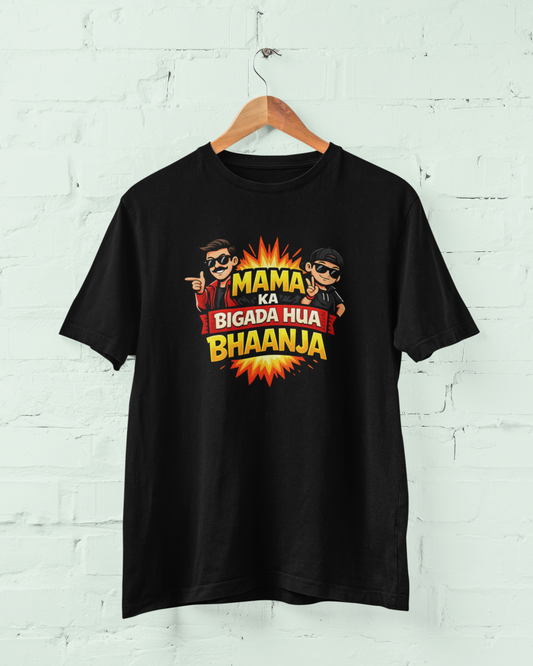 Mama Ka Bigada Hua Bhaanja Funny Black T-Shirt – Family Relationship Tee for Men, Boys Perfect Gift for Your Favourite Bhaanja ❤️ - sigmatrends