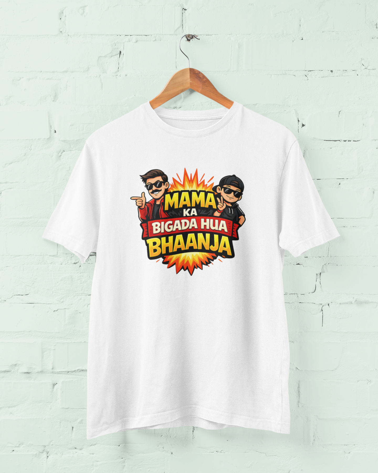 Mama Ka Bigada Hua Bhaanja Funny B T-Shirt – Family Relationship Tee for Men, Boys Perfect Gift for Your Favourite Bhaanja ❤️ - sigmatrendsWhite
