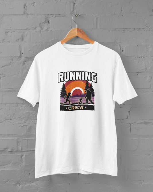 Funny alien and Bigfoot watercolor design Running Crew on White plus size unisex t-shirt, 100% cotton, available in sizes M-7XL, for alien and cryptid lovers - sigmatrends