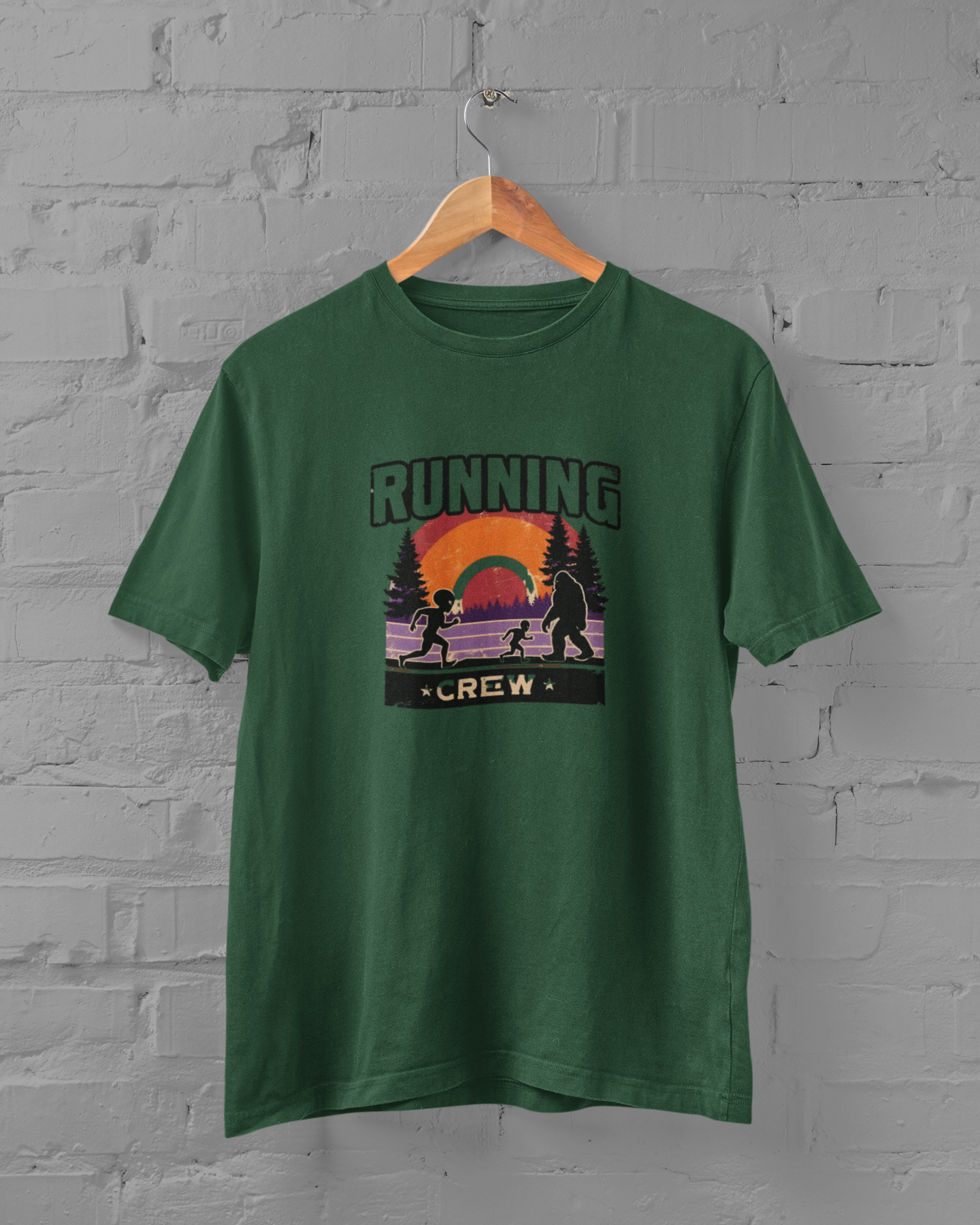 Funny alien and Bigfoot watercolor design Running Crew on Green plus size unisex t-shirt, 100% cotton, available in sizes M-7XL, for alien and cryptid lovers - sigmatrends