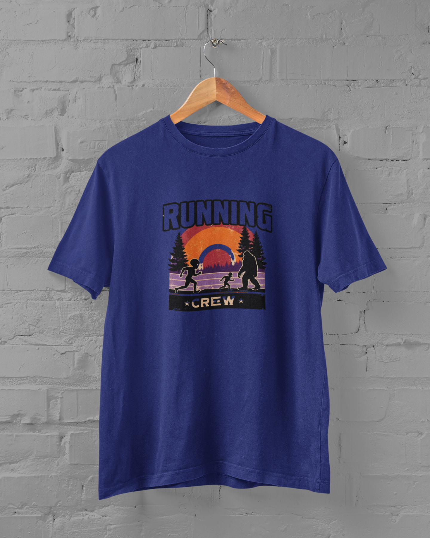 Funny alien and Bigfoot watercolor design Running Crew on Royal Blue plus size unisex t-shirt, 100% cotton, available in sizes M-7XL, for alien and cryptid lovers - sigmatrends