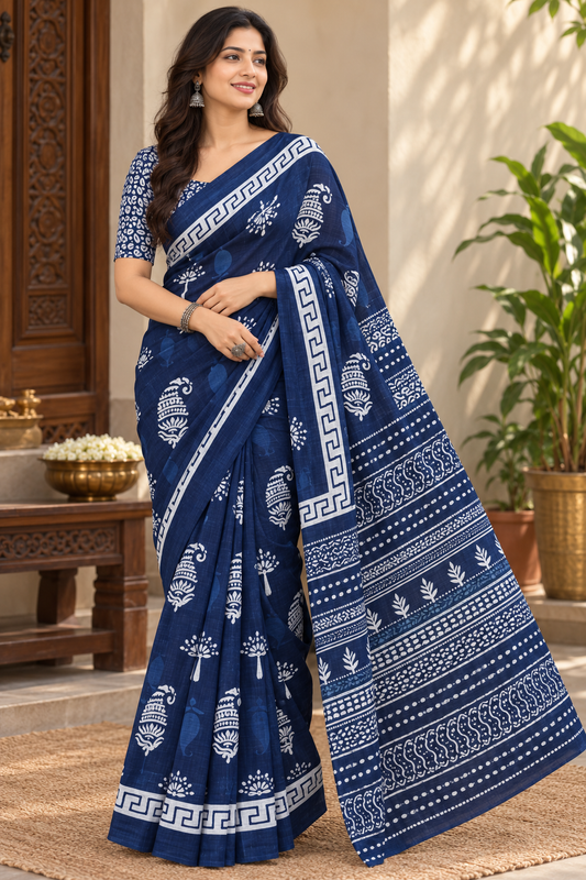 sigmatrends Navy blue printed cotton saree for women with white motifs and traditional border