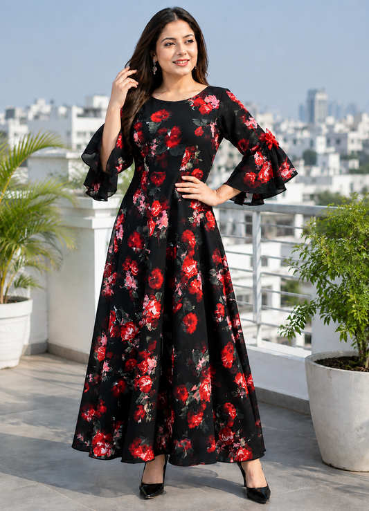 Pretty Crepe Floral Print Plus Size Black Gown for Women in premium crepe fabric, elegant long dress, available in sizes M-9XL - sigmatrends