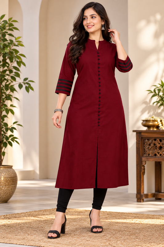 Sigma Trends women's maroon Ruby Cotton plus size kurti with 3/4 sleeves and front buttons