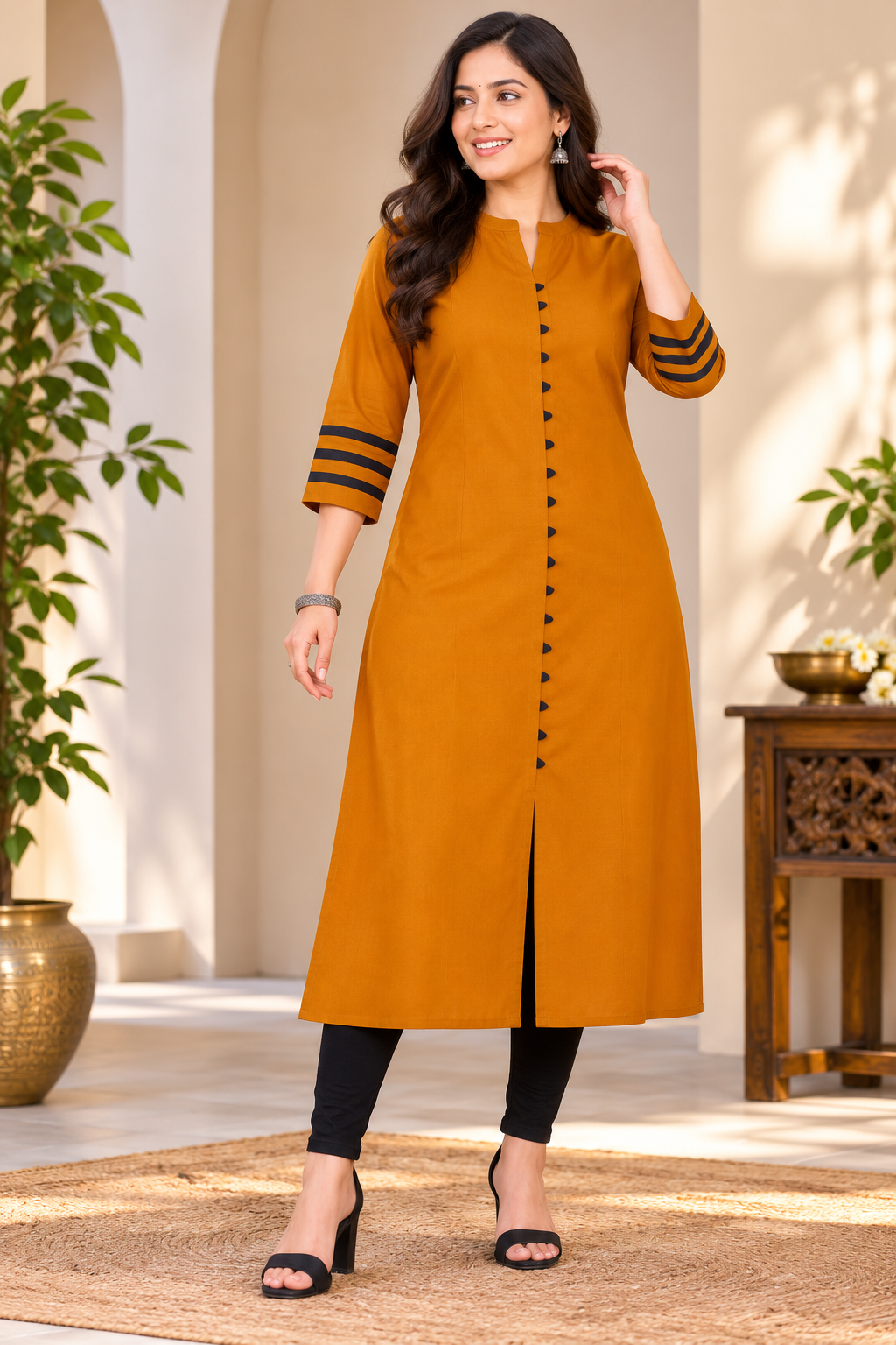 Sigma Trends women's mustard yellow Ruby Cotton plus size kurti with 3/4 sleeves and front buttons