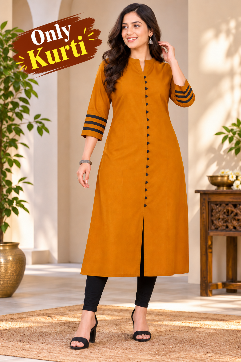 Sigma Trends women's mustard yellow Ruby Cotton plus size kurti with 3/4 sleeves and front buttons