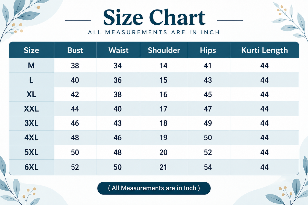 Sigma Trends Ruby Cotton women's plus size kurti size chart from M to 6XL