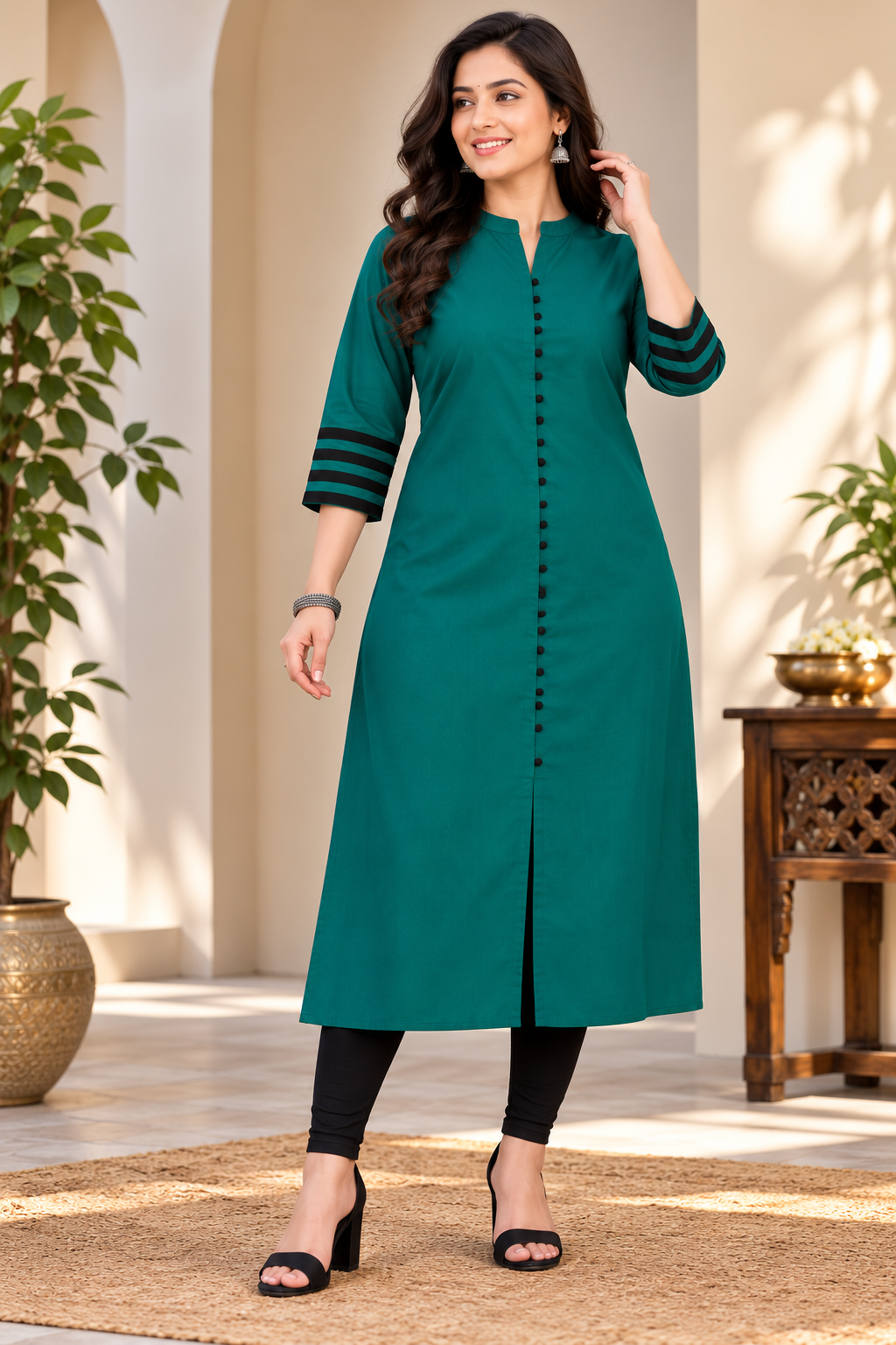 Sigma Trends women's teal green Ruby Cotton plus size kurti with 3/4 sleeves and front buttons