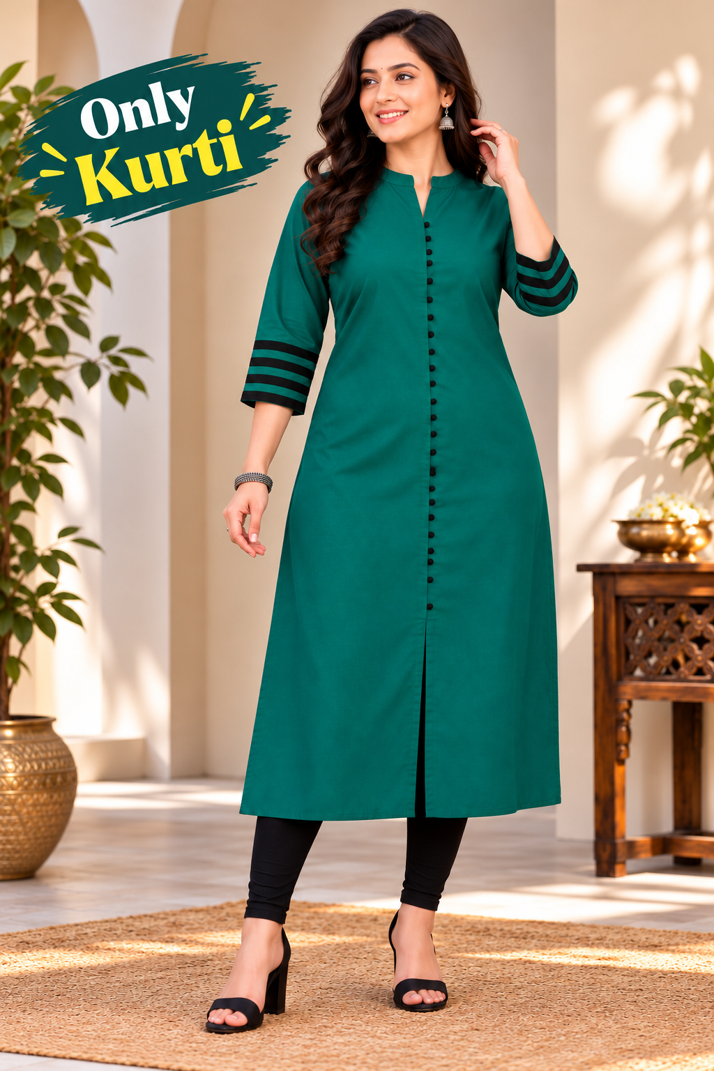 Sigma Trends women's teal green Ruby Cotton plus size kurti with 3/4 sleeves and front buttons