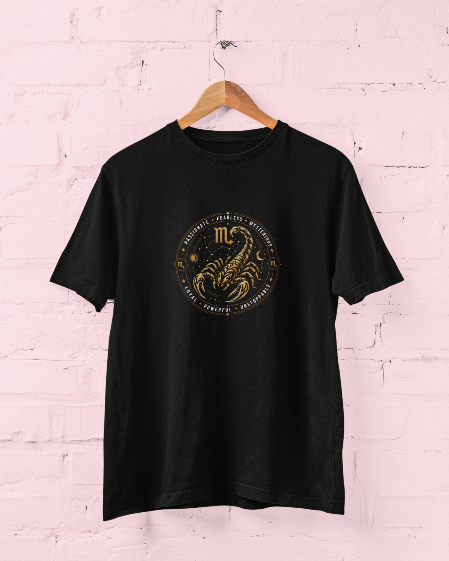 Scorpio Zodiac Sign Black T-Shirt featuring a bold tribal scorpion graphic with celestial astrology symbols and circular motivational quote, unisex horoscope tee for men and women, sizes M-7XL - sigmatrends