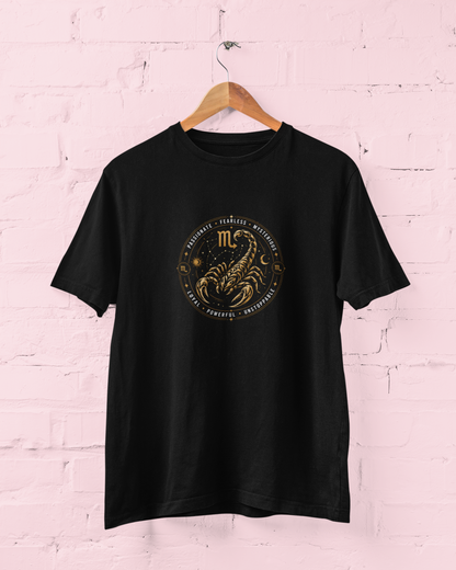 Scorpio Zodiac Sign Black T-Shirt featuring a bold tribal scorpion graphic with celestial astrology symbols and circular motivational quote, unisex horoscope tee for men and women, sizes M-7XL - sigmatrends