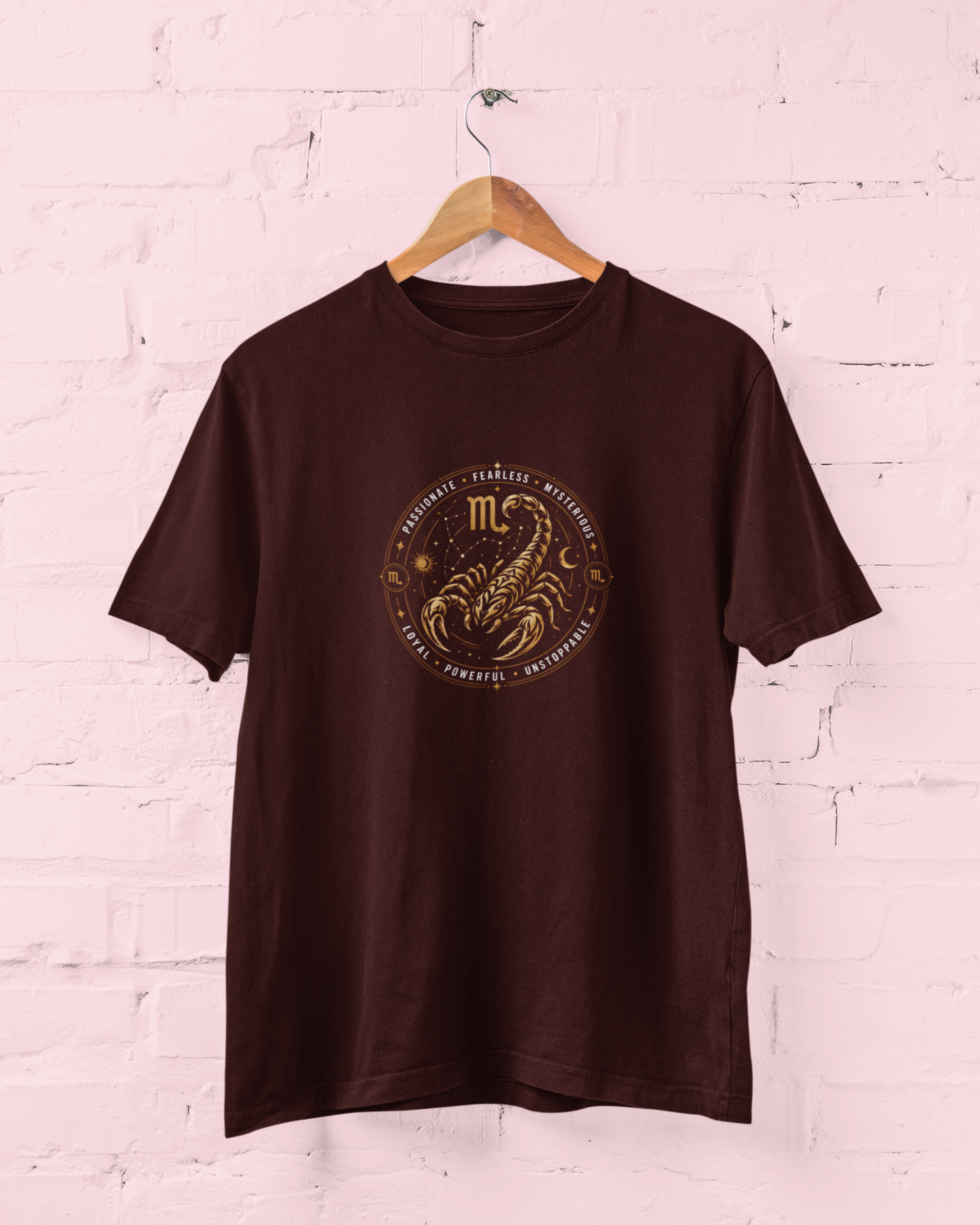 Scorpio Zodiac Sign Maroon T-Shirt featuring a bold tribal scorpion graphic with celestial astrology symbols and circular motivational quote, unisex horoscope tee for men and women, sizes M-7XL - sigmatrends