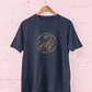 Scorpio Zodiac Sign Navy Blue T-Shirt featuring a bold tribal scorpion graphic with celestial astrology symbols and circular motivational quote, unisex horoscope tee for men and women, sizes M-7XL - sigmatrends