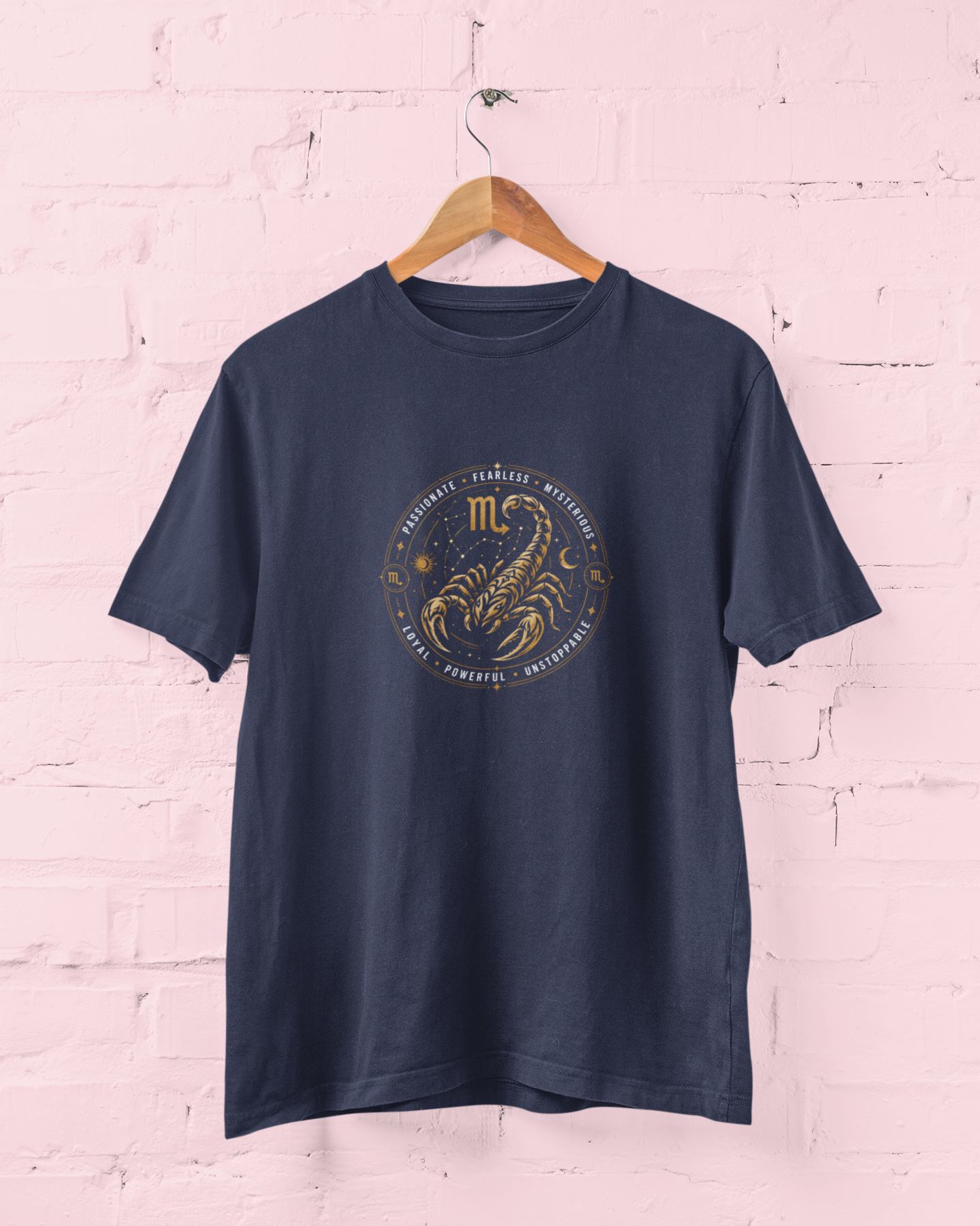 Scorpio Zodiac Sign Navy Blue T-Shirt featuring a bold tribal scorpion graphic with celestial astrology symbols and circular motivational quote, unisex horoscope tee for men and women, sizes M-7XL - sigmatrends