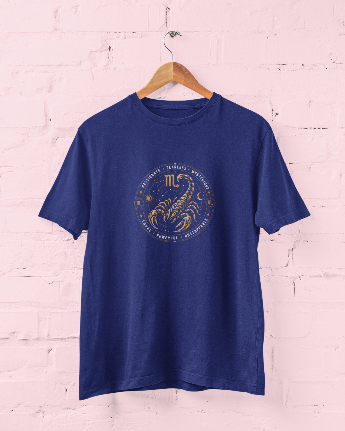 Scorpio Zodiac Sign Royal Blue T-Shirt featuring a bold tribal scorpion graphic with celestial astrology symbols and circular motivational quote, unisex horoscope tee for men and women, sizes M-7XL - sigmatrends