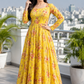 Pretty Crepe Floral Print Plus Size Dark Yellow Gown for Women in premium crepe fabric, elegant long dress, available in sizes M-9XL - sigmatrends