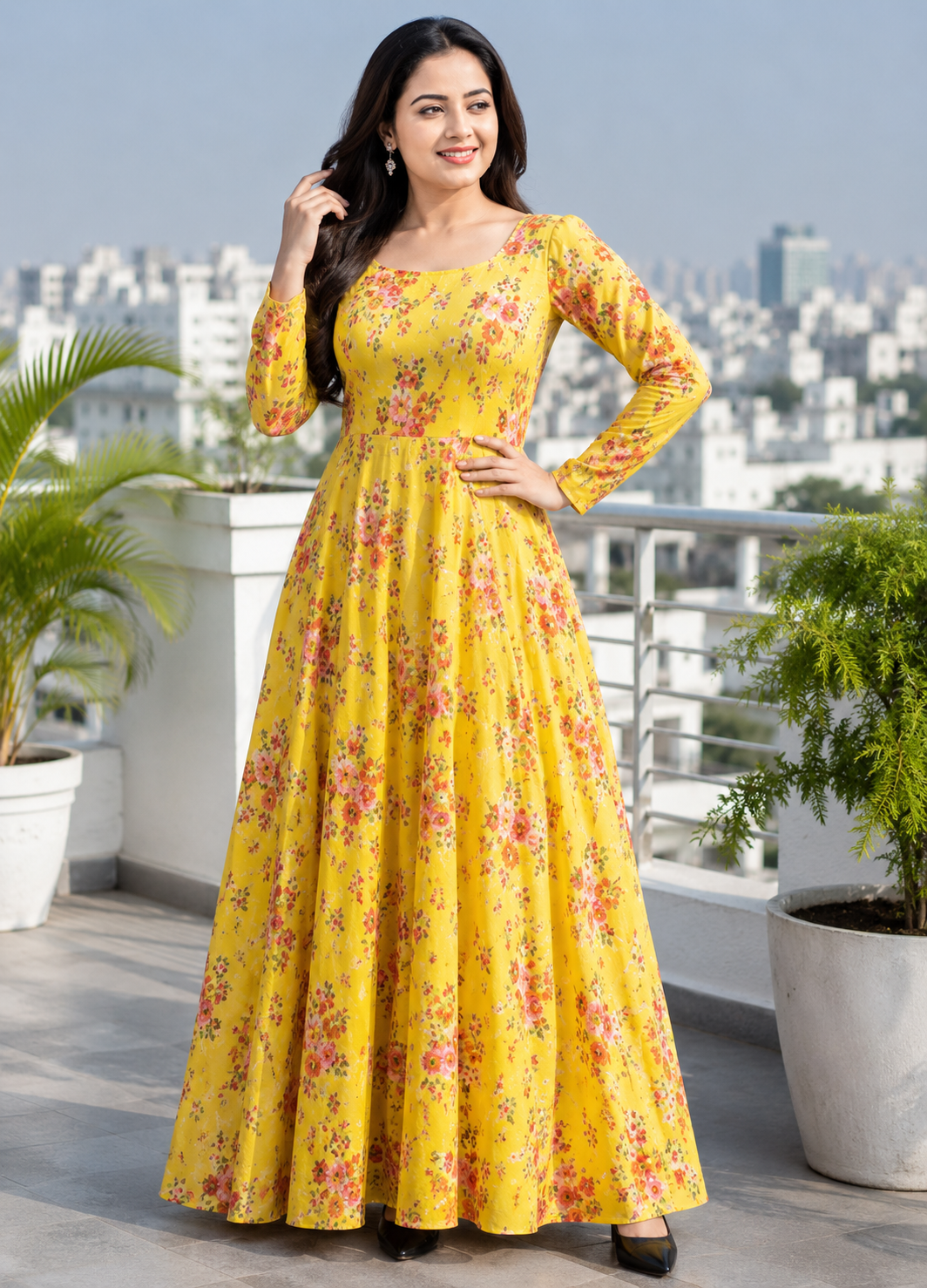 Pretty Crepe Floral Print Plus Size Dark Yellow Gown for Women in premium crepe fabric, elegant long dress, available in sizes M-9XL - sigmatrends