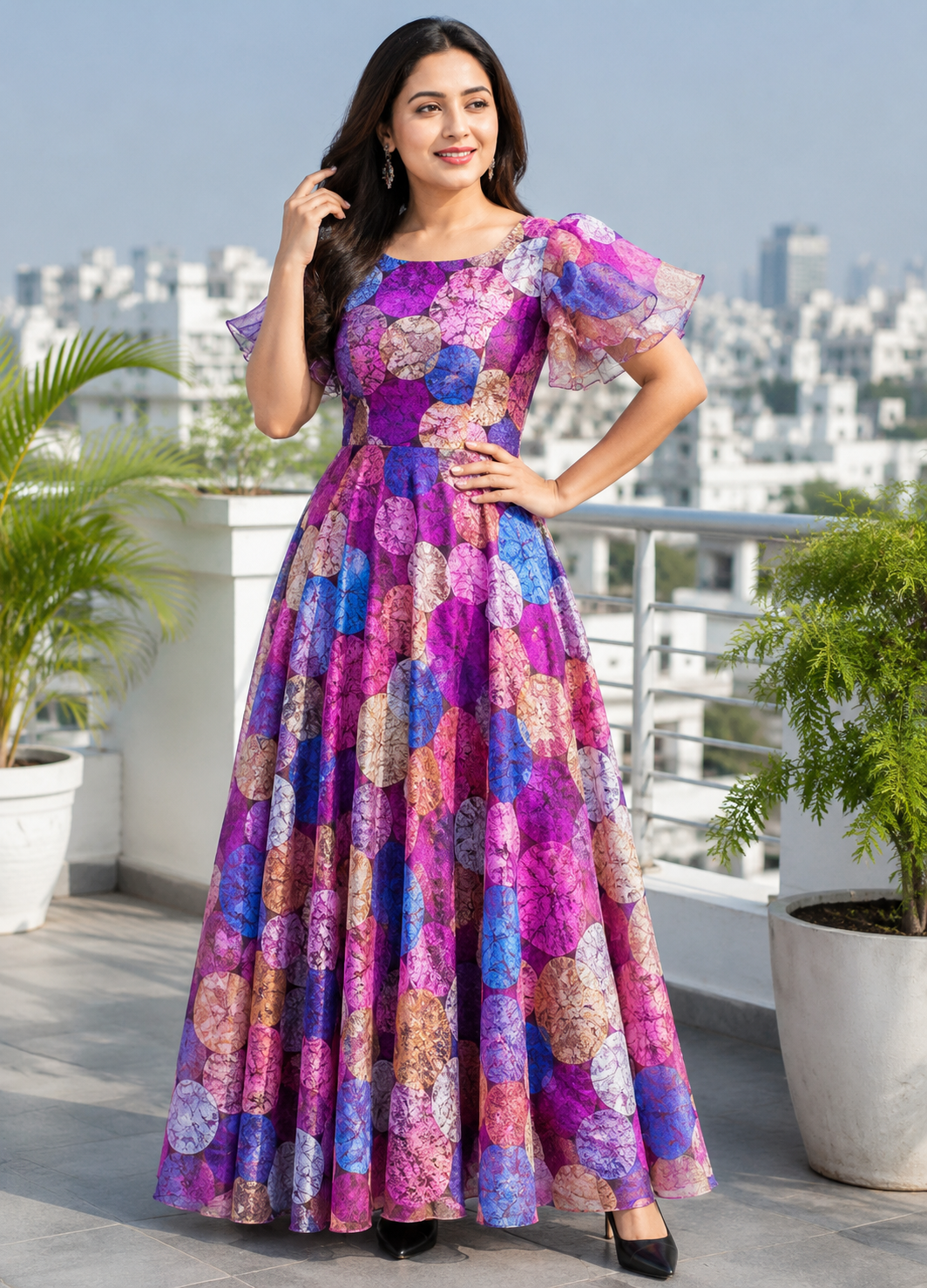 Pretty Crepe Floral Print Plus Size Gown for Women