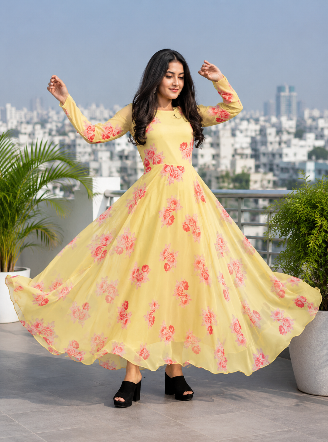 Pretty Crepe Floral Print Plus Size Light Yellow Gown for Women in premium crepe fabric, elegant long dress, available in sizes M-9XL - sigmatrends