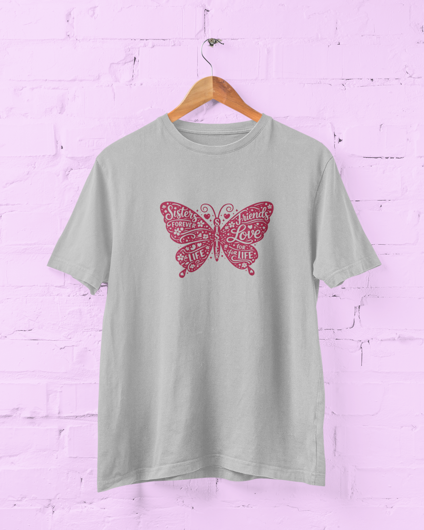 Sisters Butterfly Grey T-Shirt featuring a deep rose pink butterfly typography design with sister love quote. Women's graphic tee gift available in sizes S-7XL - Sigmatrends