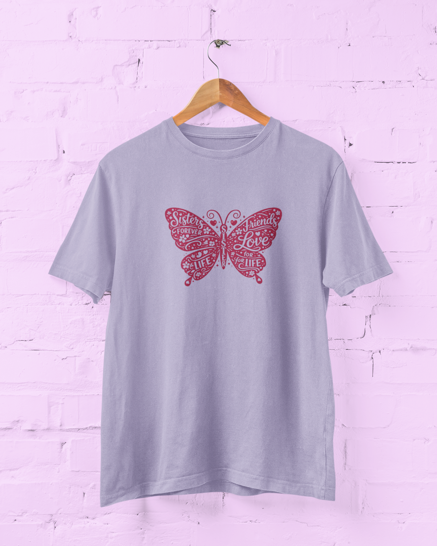 Sisters Butterfly Lavender T-Shirt featuring a deep rose pink butterfly typography design with sister love quote. Women's graphic tee gift available in sizes S-7XL - Sigmatrends